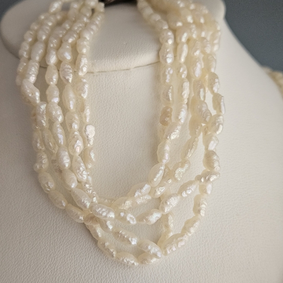 Vintage Pearl Necklace & Bracelet Set Multistrand Genuine Freshwater Rice Pearl - Picture 5 of 12